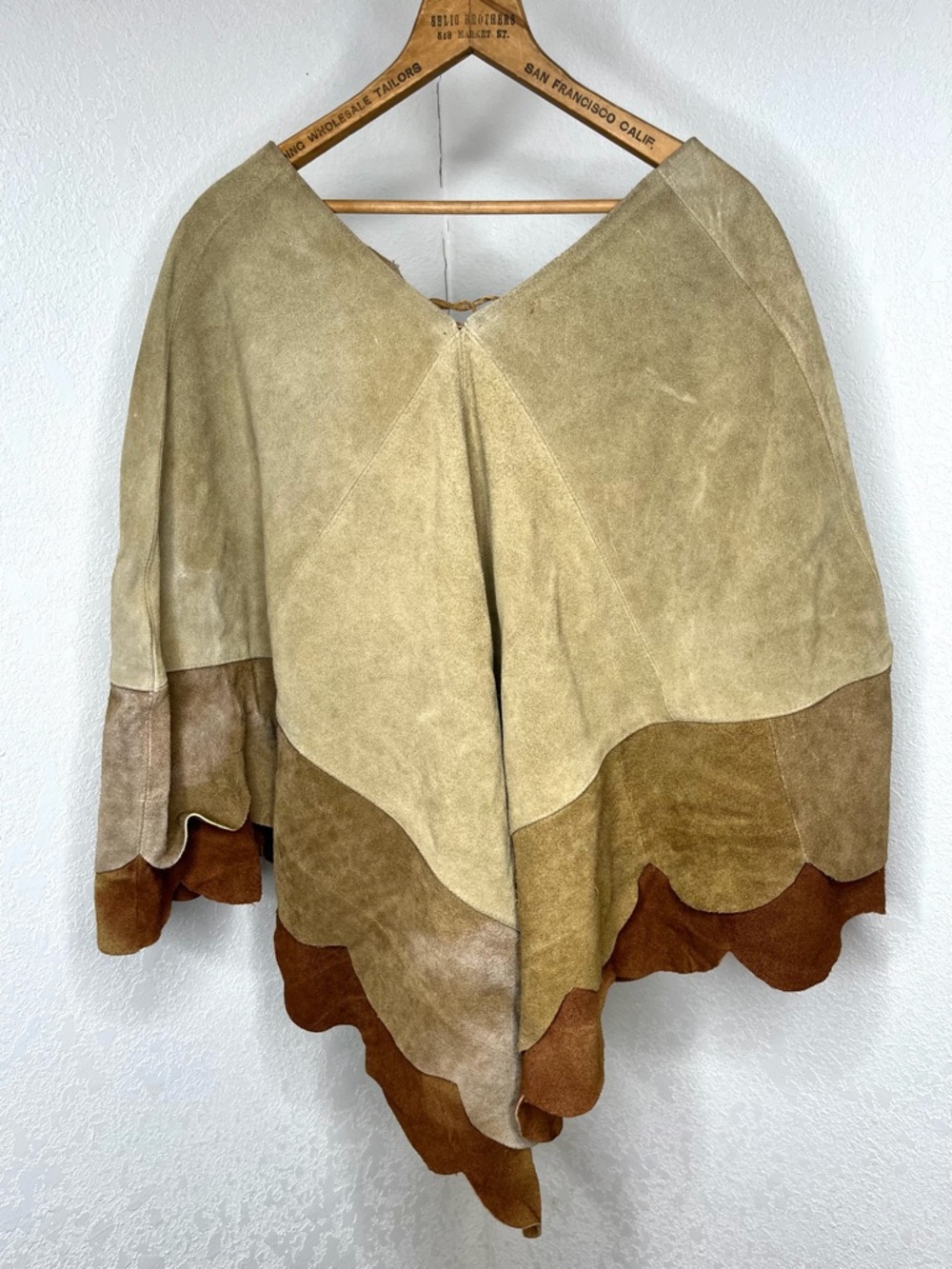 Vintage 1970s Suede Poncho Tri Colored Brown Leather Cape Scalloped Women’s Boho